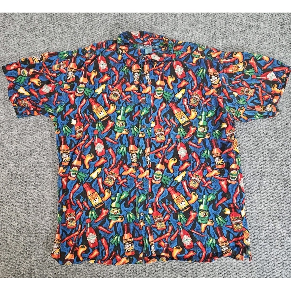 VINTAGE Big Dog‎ Men Button Up Shirt Blue Logo Hot Sauce All Over Print Y2K